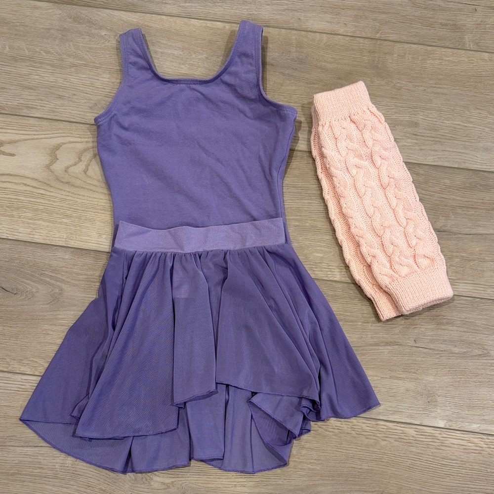 Theatrical Ballet Dance Leotard with Skirt and Pink Leg Warmers
